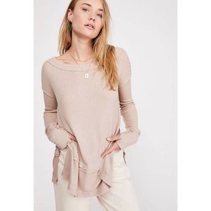 Free People Thermal Top Small Sand Beige Waffle Knit Long Sleeve Oversized